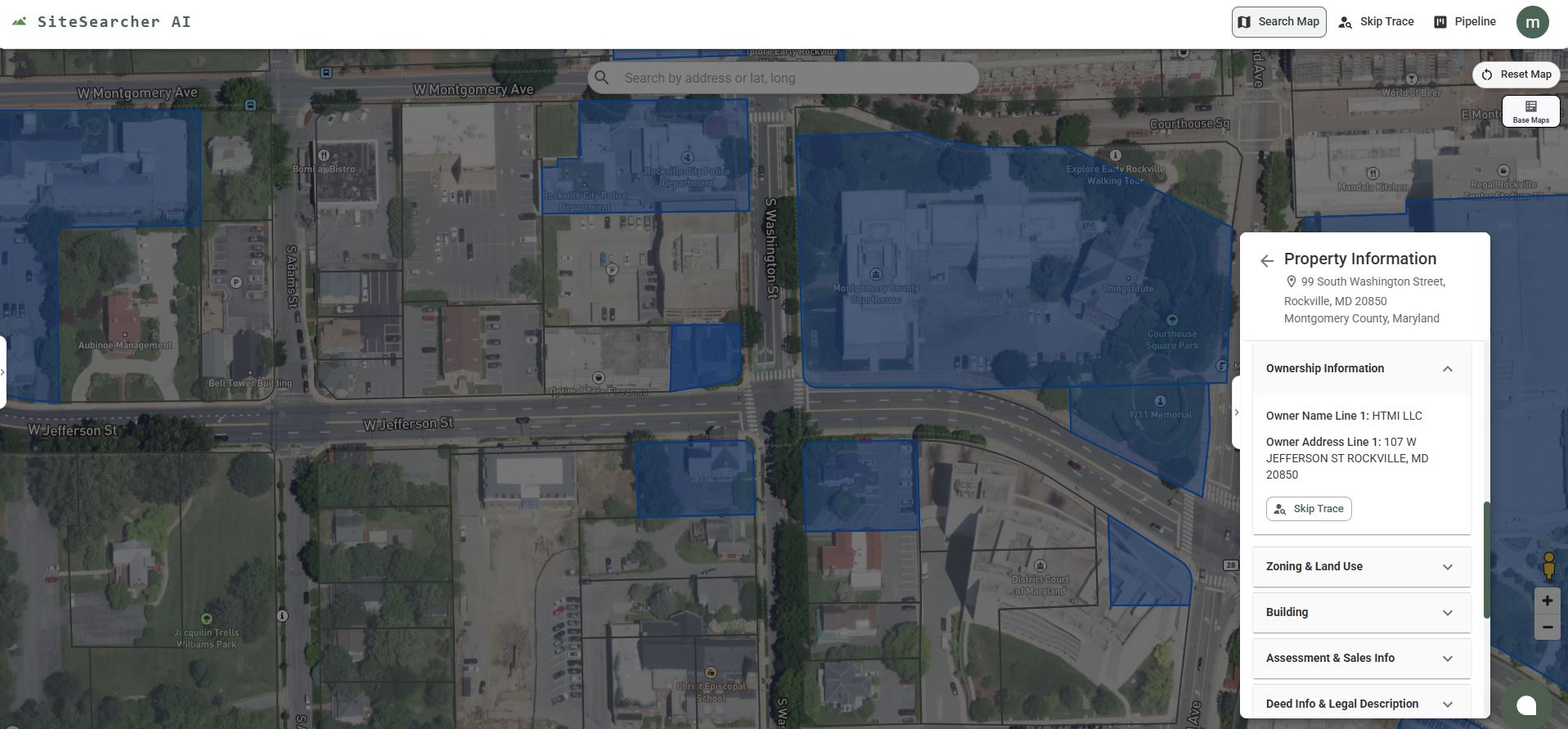 SiteSearcher AI parcel intelligence view with property ownership details